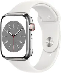 Apple Watch Series 8, Cellular, 45mm, Silver Stainless Steel, White Sport Band