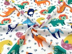 Mirtex Látka bavlněný úplet dětský dinosauři na bílé, šířka 180 cm digitální potisk