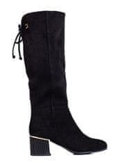 Amiatex Luxusní černé kozačky dámské na širokém podpatku + Ponožky Gatta Calzino Strech, černé, 38