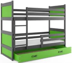 Importworld Dětská patrová postel Bohumír - 2 osoby, 90x200 s úložným prostorem – Grafitová, Zelená
