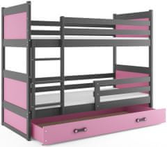 Importworld Dětská patrová postel Bohumír - 2 osoby, 80x160 s úložným prostorem – Grafitová, Růžová