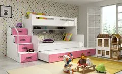 Importworld Dětská patrová postel Romana 3 - 3 osoby – růžová 200x120 s přistýlkou