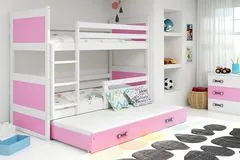 Importworld Dětská patrová postel Bohumír - 3 osoby, 90x200 s výsuvnou přistýlkou – Bílá, Růžová