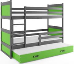 Importworld Dětská patrová postel Bohumír - 3 osoby, 80x190 s výsuvnou přistýlkou – Grafitová, Zelená