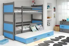 Importworld Dětská patrová postel Bohumír - 3 osoby, 90x200 s výsuvnou přistýlkou – Grafitová, Modrá
