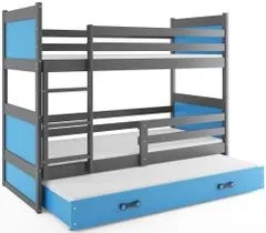 Importworld Dětská patrová postel Bohumír - 3 osoby, 90x200 s výsuvnou přistýlkou – Grafitová, Modrá