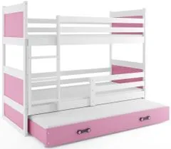 Importworld Dětská patrová postel Bohumír - 3 osoby, 90x200 s výsuvnou přistýlkou – Bílá, Růžová