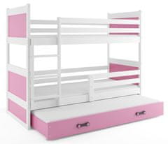 Importworld Dětská patrová postel Bohumír - 3 osoby, 80x190 s výsuvnou přistýlkou – Bílá, Růžová