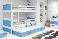 Importworld Dětská patrová postel Bohumír - 3 osoby, 90x200 s výsuvnou přistýlkou – Bílá, Modrá
