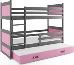 Importworld Dětská patrová postel Bohumír - 3 osoby, 80x160 s výsuvnou přistýlkou – Grafitová, Růžová