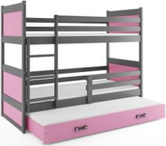 Importworld Dětská patrová postel Bohumír - 3 osoby, 80x190 s výsuvnou přistýlkou – Grafitová, Růžová
