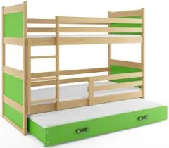 Importworld Dětská patrová postel Bohumír - 3 osoby, 80x190 s výsuvnou přistýlkou – Borovice, Zelená