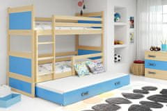 Importworld Dětská patrová postel Bohumír - 3 osoby, 80x190 s výsuvnou přistýlkou – Borovice, Modrá