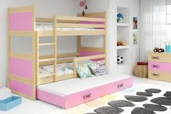 Importworld Dětská patrová postel Bohumír - 3 osoby, 90x200 s výsuvnou přistýlkou – Borovice, Růžová