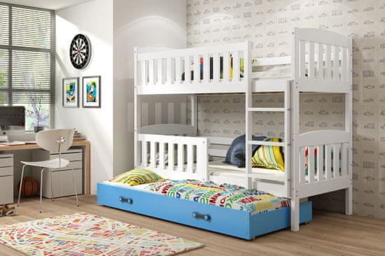 Importworld Dětská patrová postel Karla - 3 osoby, 80x190 s výsuvnou přistýlkou – Bílá, Modrá