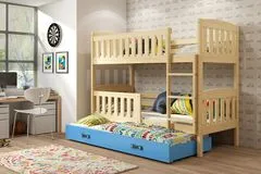 Importworld Dětská patrová postel Karla - 3 osoby, 90x200 s výsuvnou přistýlkou – Borovice, Modrá