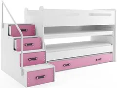 Importworld Dětská patrová postel Romana 1 - 3 osoby – bílá - růžová, 80x200 s přistýlkou