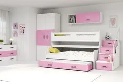 Importworld Dětská patrová postel Romana 1 - 3 osoby – bílá - růžová, 80x200 s přistýlkou