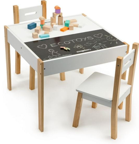 EcoToys Dětský dřevěný stůl s tabulí a dvěma židličkami