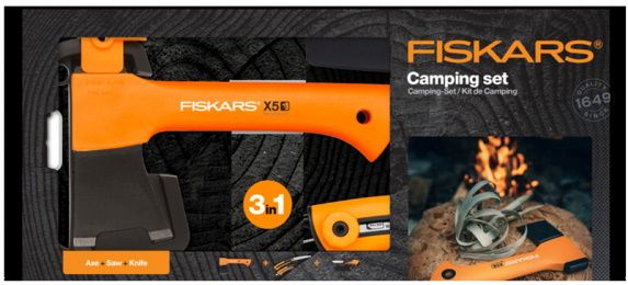 Fiskars Set kemping/sekera X5 + nůž Hardw. + pilka