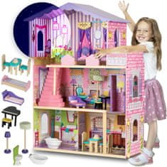 Ricokids Dřevěný domeček pro panenky, velký 3-patrový + nábytek + výtah