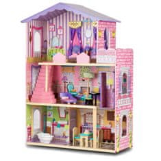 Ricokids Dřevěný domeček pro panenky, velký 3-patrový + nábytek + výtah