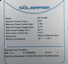 HADEX Fotovoltaický solární panel 12V/70W, SZ-70-36M, 1050x350x30mm, shingle
