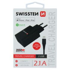 SWISSTEN Swissten Síťový Adaptér Smart Ic 2X Usb 2,1A Power + Datový Kabel Usb / Lightning Mfi 1,2 M Černý 8595217464438