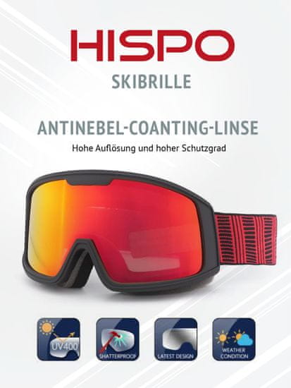 HISPO Lyžařské snowboardové brýle HISPO Unisex, 100% ochrana před UV (UV400), ochrana před zamlžováním, větruodolné, dvojité sklo, termoplastický polyuretanový rám (TPU), nastavitelný pásek