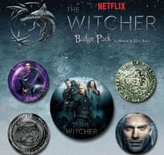 CurePink Set 5 placek - odznaků Netflix|The Witcher|Zaklínač: Design (průměr 2,5 cm|3,8 cm)
