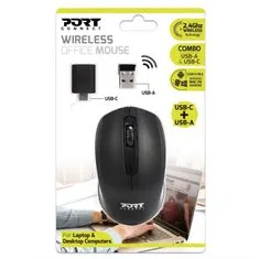 Port Designs PORT CONNECT Wireless office, bezdrátová myš, USB-A/USB-C dongle, 2,4Ghz, 1000DPI, černá