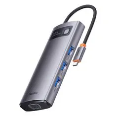 BASEUS Metal Gleam USB-C HUB adaptér 2x HDMI / 3x USB 3.2 / PD / RJ45, šedý