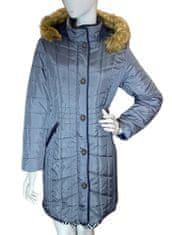 ocelově modrý delší prošívaný kabát s kapucí s kožešinou Velikost: 44