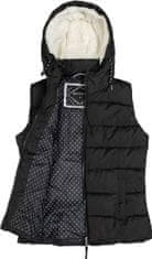 Stylová prošívaná teplá dámská vesta s kapucí z umělé kožešiny pro volný čas v přechodném období jaro, podzim. Přední zip a 2 boční kapsy., černá, XS/34