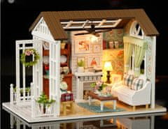 WOWO Dřevěný model obývacího pokoje pro panenky s LED osvětlením 8008-A, 20,6 cm