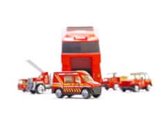 Ikonka Transportní vozidlo TIR launcher + kovové vozy hasičů