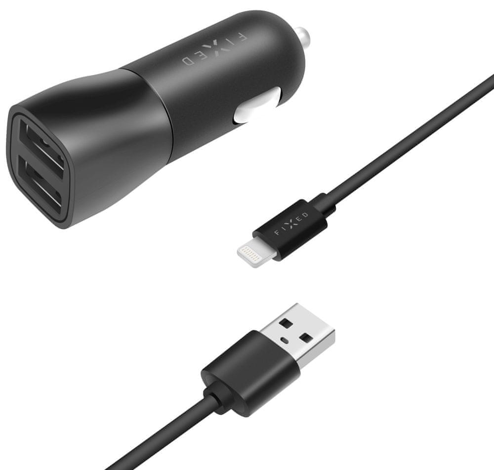 FIXED Set autonabíječky s 2x USB výstupem a USB/Lightning kabelu, 1 metr, MFI certifikace, 15W Smart Rapid Charge, FIXCC15-2UL-BK černá