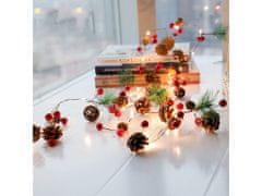 AUR Světelný vánoční řetěz s šiškami, červenými bobulemi a jehličím, 2,7m, 80 LED, studená bílá