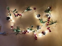 AUR Světelný vánoční řetěz s šiškami, červenými bobulemi a jehličím, 2,7m, 80 LED, studená bílá