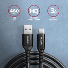 AXAGON kabel USB-C - USB-A, USB 2.0, 3A, ALU, opletený, 1m, černá