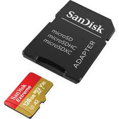 SanDisk Extreme microSDXC 128GB + SD Adapter 190MB/s and 90MB/s A2 C10 V30 UHS-I U3