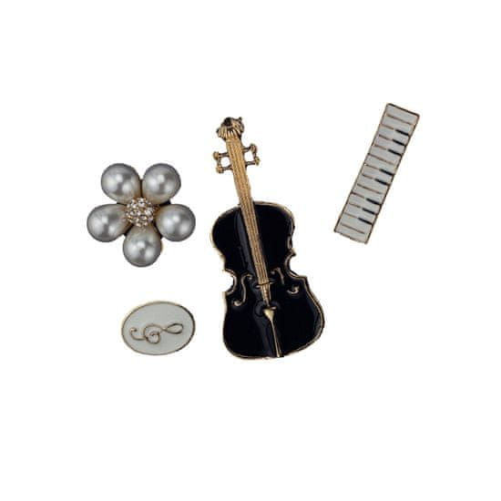 Pinets® Sada 4 kusů brož a ozdobné špendlíky s motivem kontrabasu, syntezátorová klaviatura, ozdoby s houslovým klíčem a ozdoby s perličkami