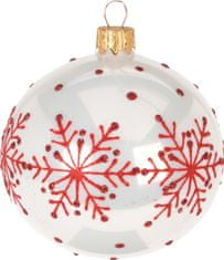 H & L Vánoční ozdoba koule lesklá 8cm, bílá s červeným motivem vločky a puntíky 