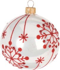 H & L Vánoční ozdoba koule lesklá 8cm, bílá s červeným motivem vločky 