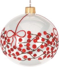 H & L Vánoční ozdoba koule lesklá 8cm, bílá s červenou, jeřabina bobule 