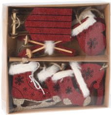 H & L Sada vánočních dekorací 10ks, červená, textil, dřevo 