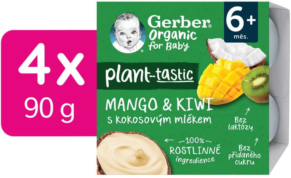 Levně Gerber Organic 100% rostlinný dezert mango a kiwi s kokosovým mlékem 4x 90 g