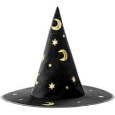 PartyDeco Halloween - Klobouk Čarodějnický, černý se zlatými nášivkami