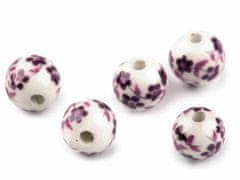 Kraftika 5ks fialová tm. porcelánové korálky s květy 8mm