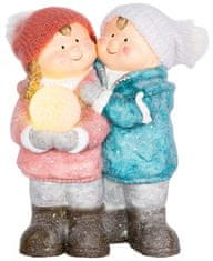 MAGIC HOME Chlapeček a holčička se sněhovou koulí, 1 LED, keramika, 27,5x23x40 cm